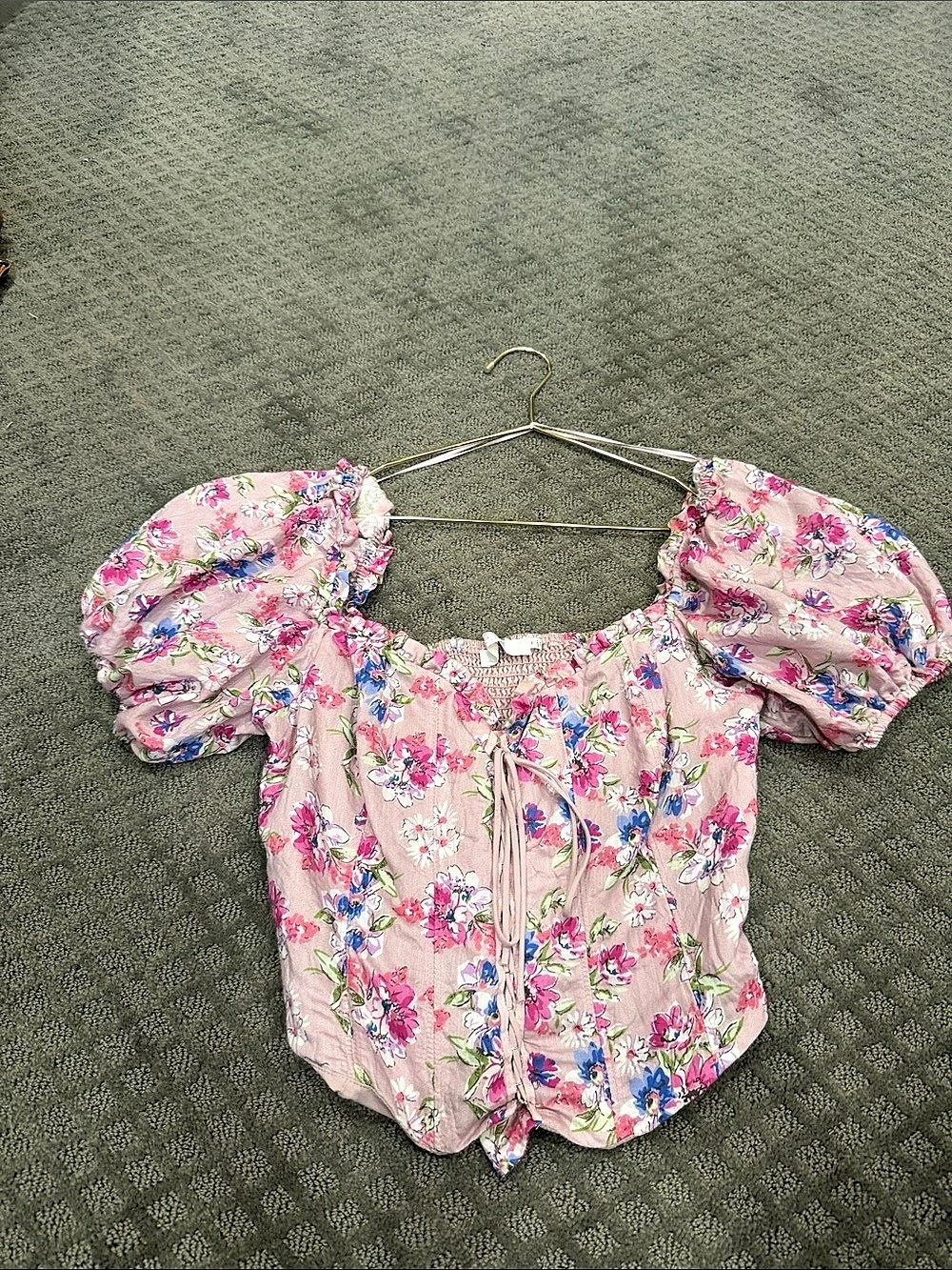 ASTR the Label Floral Puff Sleeve Lace-Up Corset Crop Top Corset Top Pink & Blue